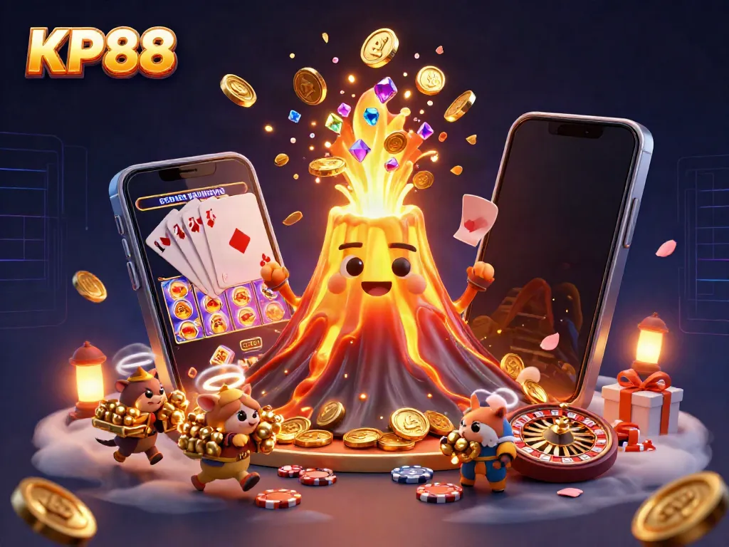 KP88's golden volcano erupts treasures while tiny explorers rush to collect winnings in a vibrant casino scene.