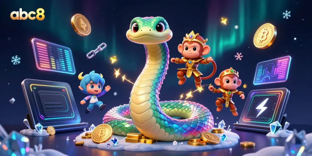 Engage with the abc8 platform, featuring a rainbow serpent and playful monkey king amid vibrant crypto elements.
