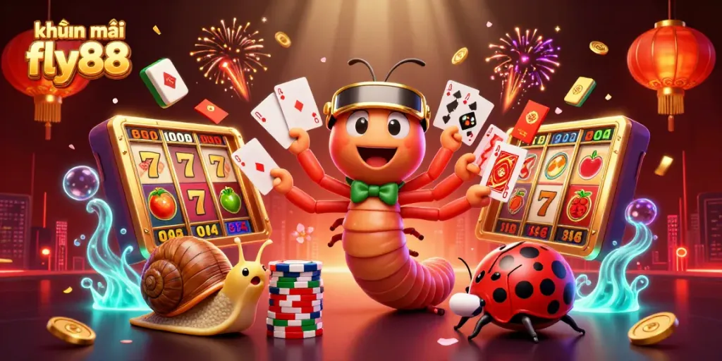 Engage in khuyến mãi fly88 promotions with a vibrant casino-themed 3D illustration showcasing dynamic characters and elements.