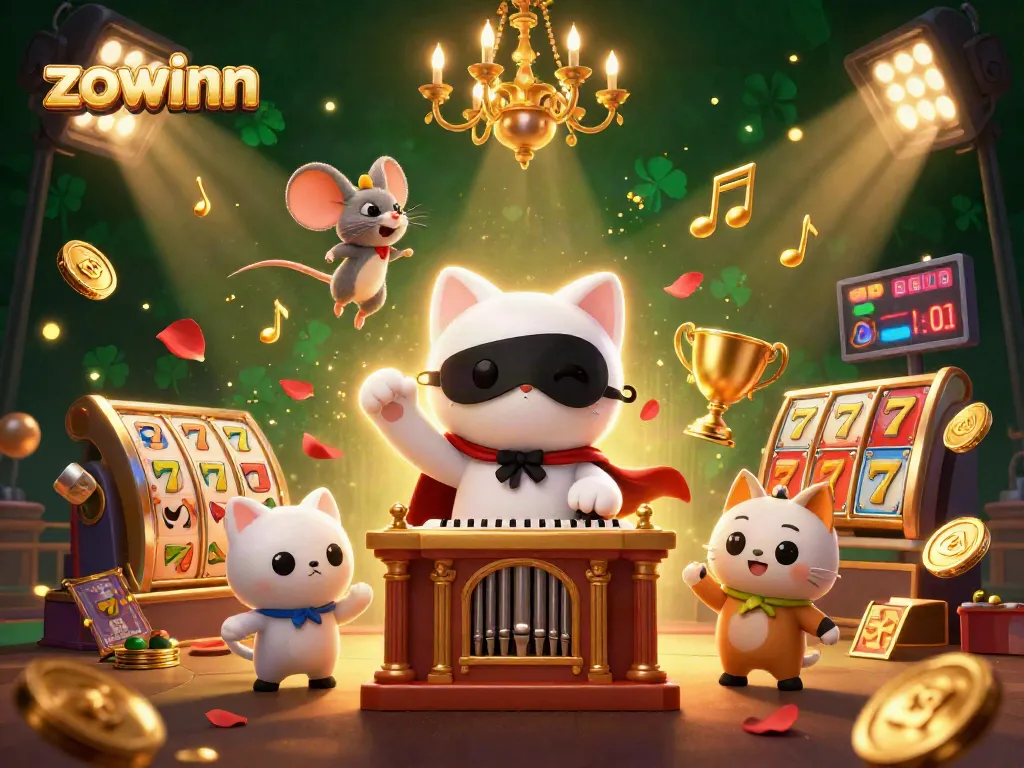 Engage in thrilling wins at zowinn, featuring a dynamic casino scene with colorful slot elements and acrobatic characters.