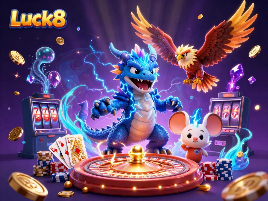 Engage in thrilling action with Luck8 as cascading coins and vibrant game elements surround dynamic characters.