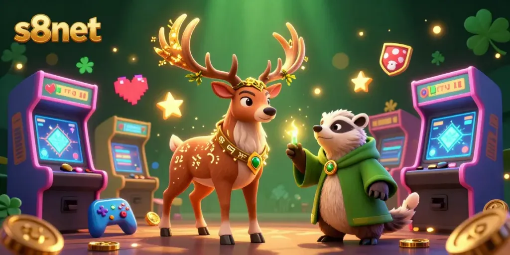 A dynamic depiction of s8net featuring a celebratory Celtic druid stag, wise badger, and vibrant gaming elements.