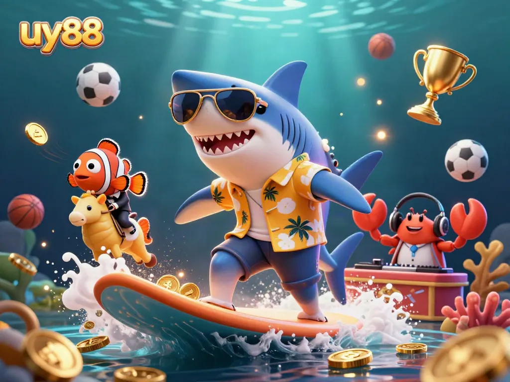 Experience the thrill of uy88's games with a lively 3D underwater scene blending fun characters and dynamic casino elements.