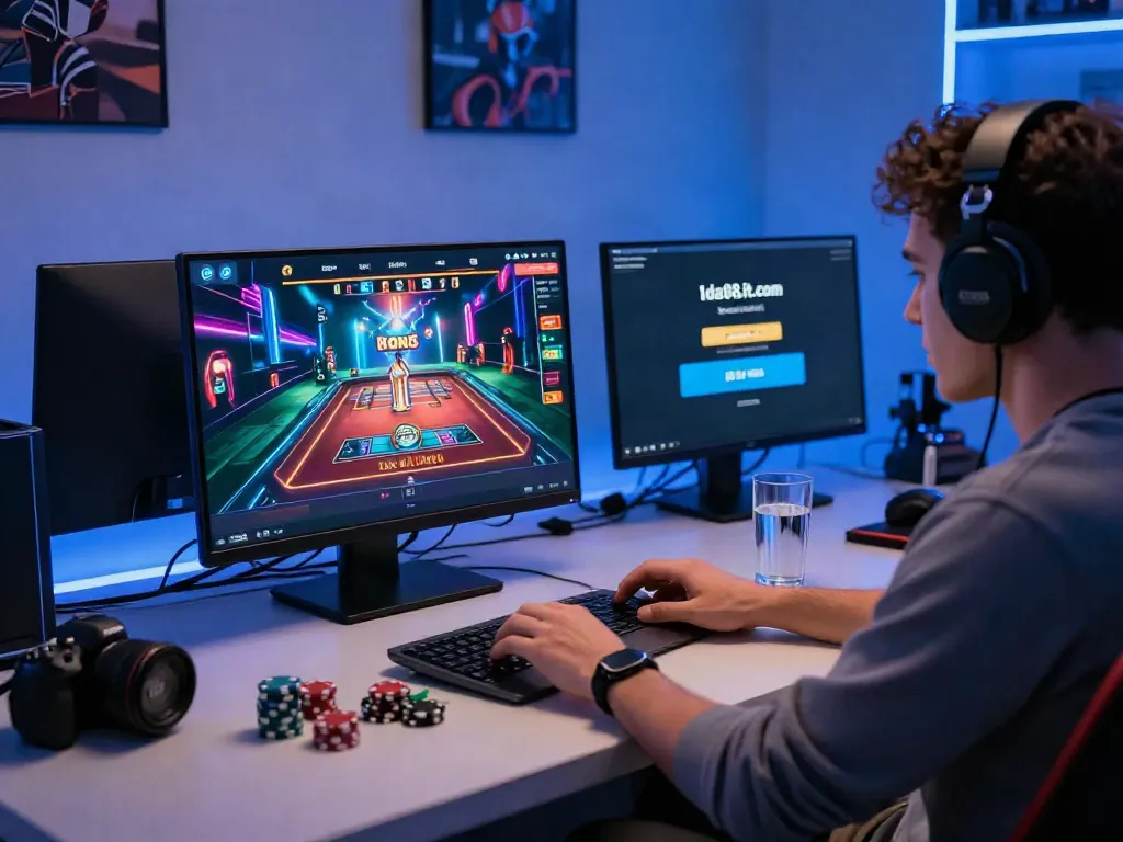 Engaged user interacting with a vibrant online gaming experience at 1da88.it.com, showcasing a dynamic casino atmosphere.