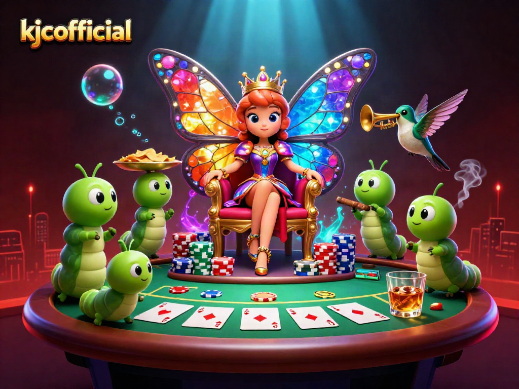 Engage with kjcofficial as a vibrant butterfly queen presides over a dynamic poker scene filled with chips and cards.