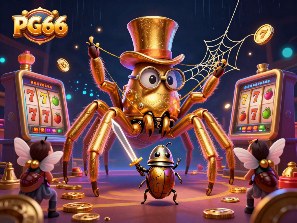 PG66 captivates players with a vibrant scene of a golden tarantula and knight in an immersive casino adventure.