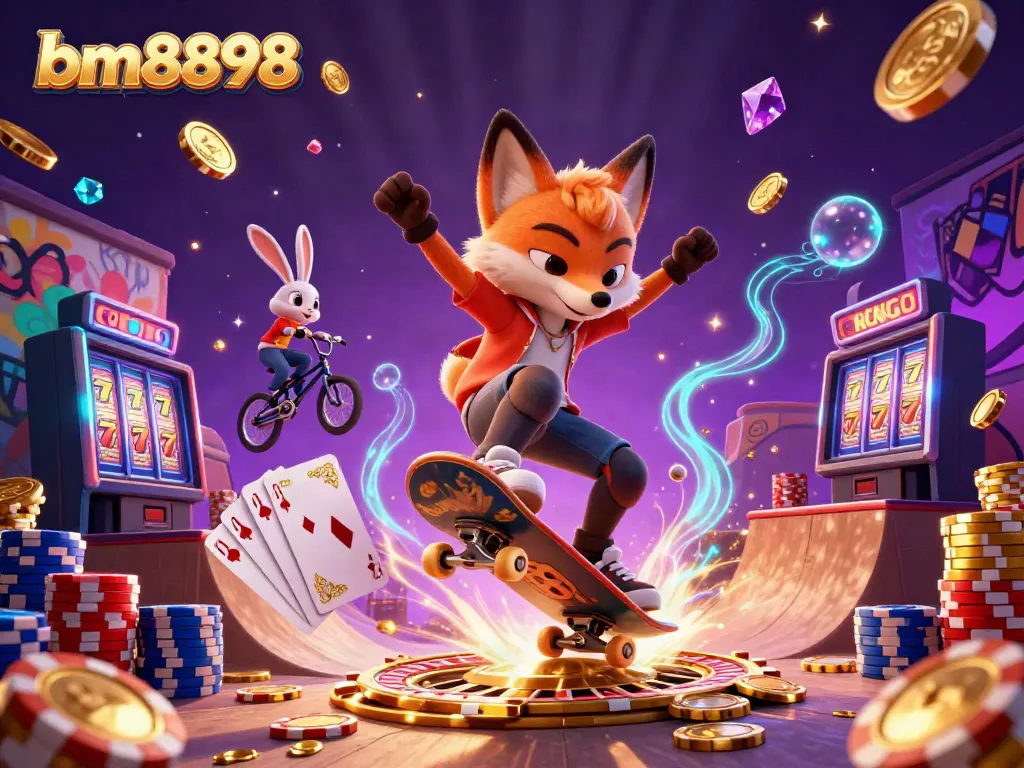Experience gaming excitement with bm8898 featuring a skateboarder fox and a BMX rabbit in a colorful casino landscape.