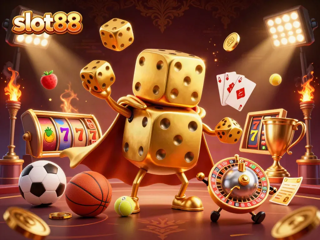 slot88 memperlihatkan golem dadu emas 3D yang melempar dadu kecil dan simbol slot yang mengesankan