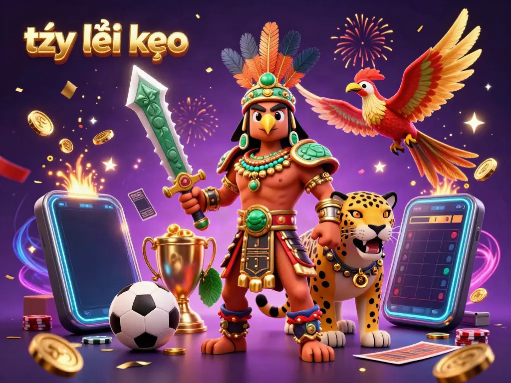 Experience the thrill of tỷ lệ kèo in this dynamic 3D illustration showcasing Aztec warriors in a casino-like atmosphere of sports betting.