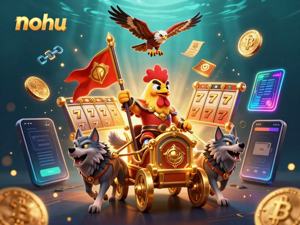 Nohu gaming scene featuring a rooster warlord on a chariot amidst vibrant slots and crypto elements.