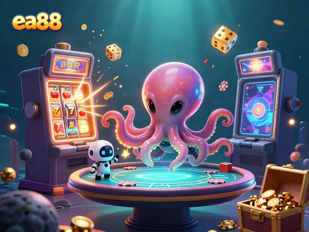Witness the excitement of ea88 casino games with an alien octopus at a holographic poker table!