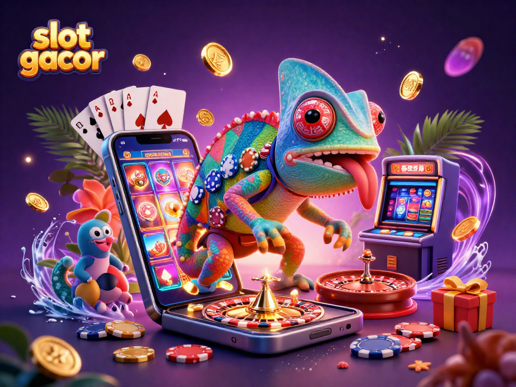 Spin winning reels and watch the slot gacor chameleon owner snap coins in this vibrant casino illustration.