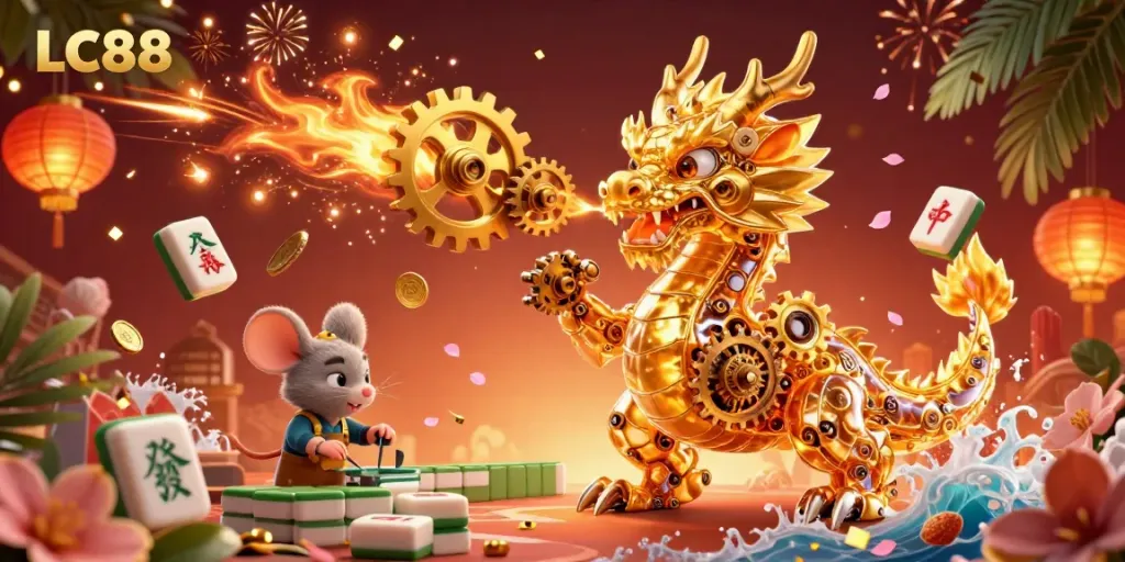 Experience thrilling moments at LC88 while a golden dragon breathes gears in a vibrant casino.