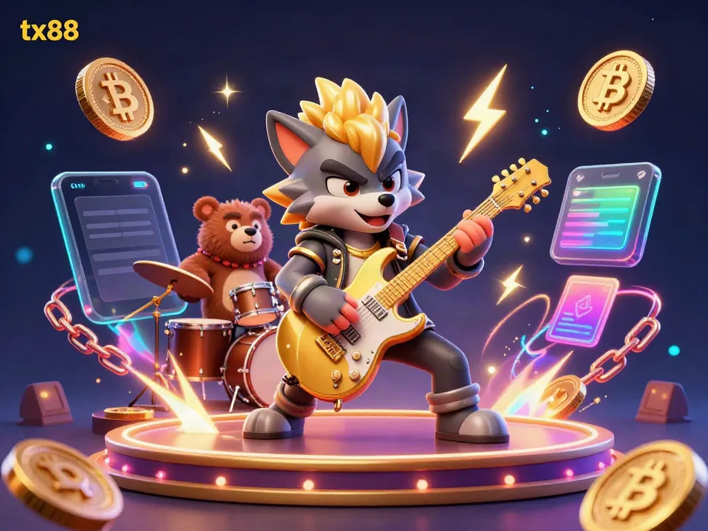 Experience thrilling casino action with tx88 featuring a dynamic rock star wolf and a drummer bear in a vibrant 3D scene.