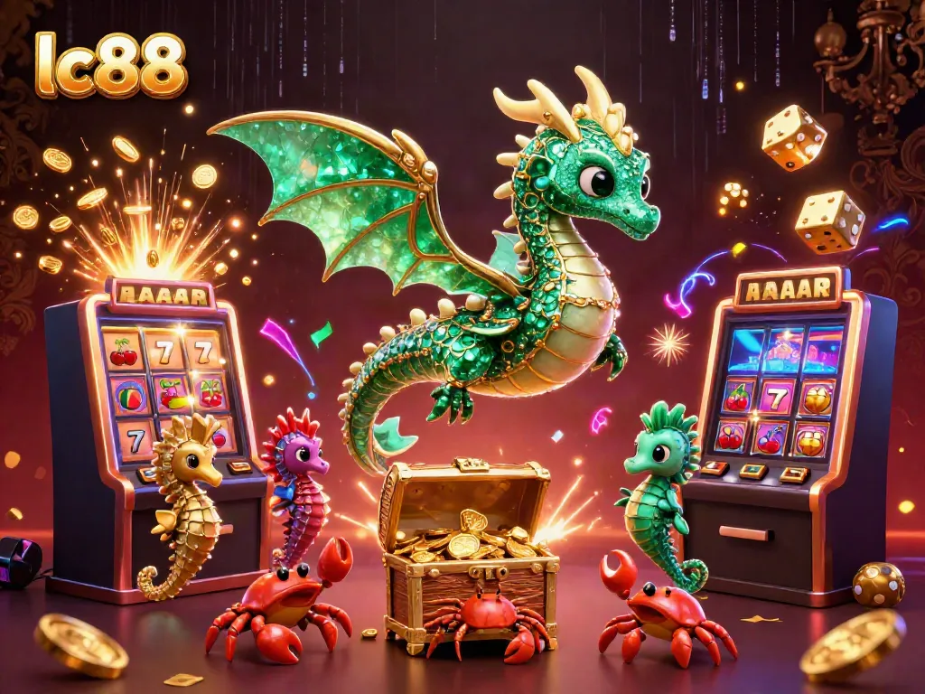 Engaging lc88 online casino scene with a dragon, slot machine, and treasure chest.