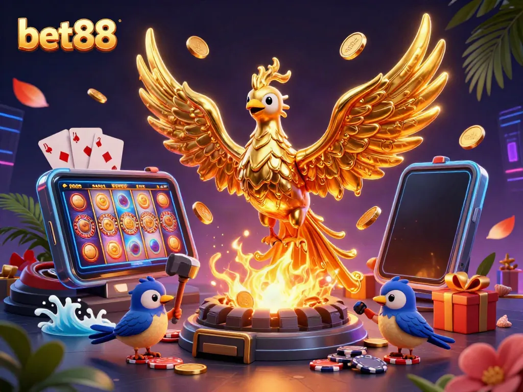 Experience the excitement of bet88 with a golden phoenix emerging from molten metal in a vibrant casino scene!