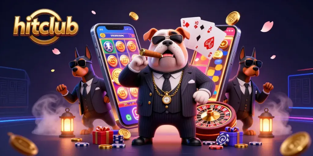 hitclub players enjoy vibrant slot games and dynamic casino action surrounded by golden coins and prizes