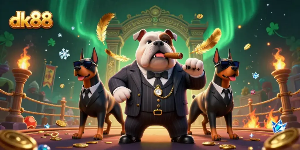 Engage in thrilling gaming with dk88, featuring a mafia bulldog and Doberman bodyguards amidst an exciting casino atmosphere.