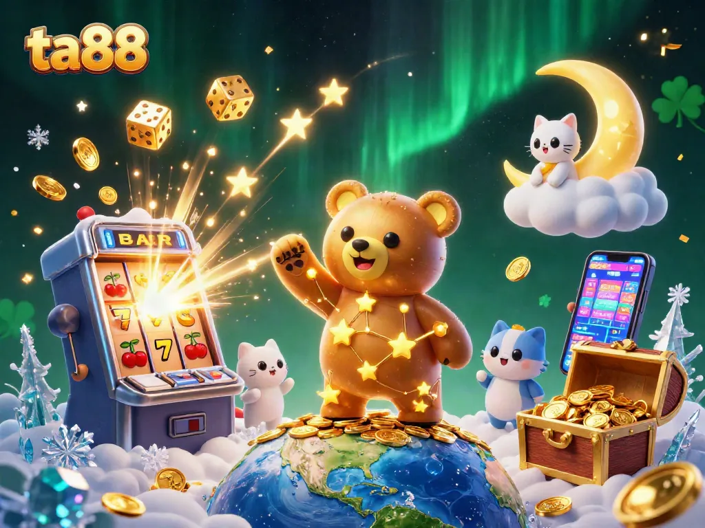 Experience exciting ta88 gameplay with a constellation bear and slot machines in a vibrant casino scene.