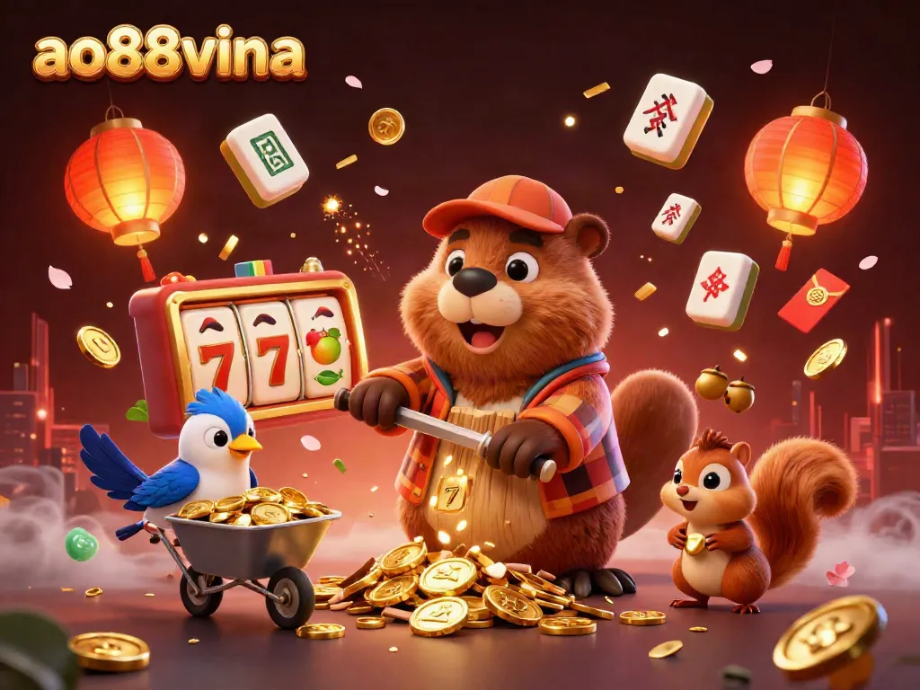 Experience the excitement of ao88vina with a vibrant illustration of a beaver, bird, and squirrel collecting coins in a dazzling casino environment.