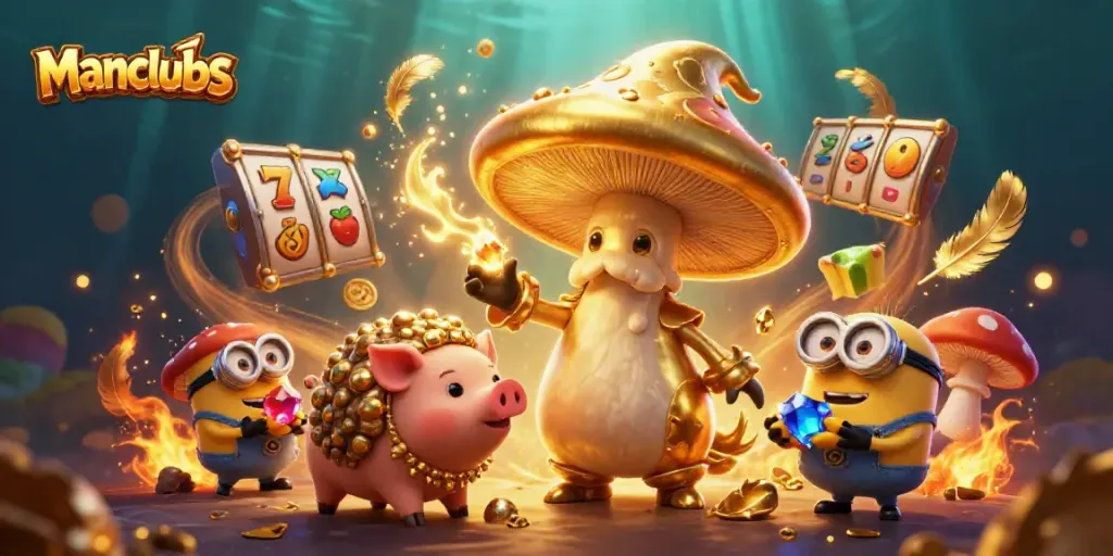 Engage with manclubs in a vibrant casino scene featuring magical characters and jackpot elements.