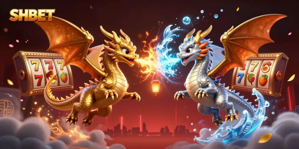 Join SHBET for thrilling casino adventures with golden and silver dragons in dynamic action.