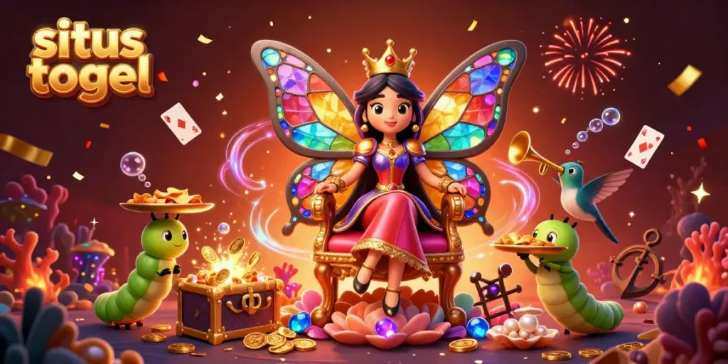 Gambarkan situs togel dengan ilustrasi ratu kupu-kupu 3D dan elemen permainan warna-warni yang menarik.