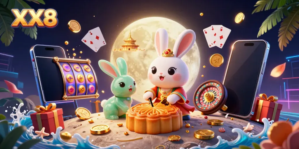 Experience the thrill of XX8 online casino with a vibrant lunar scene featuring a moon rabbit and dynamic gambling elements.