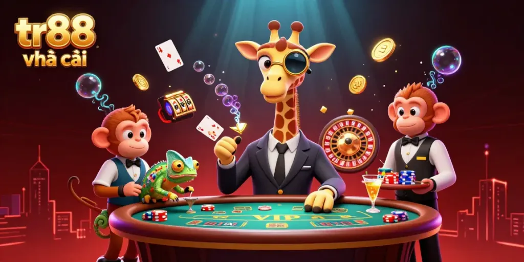 Experience the excitement of tr88 nhà cái with a vibrant 3D casino scene featuring a high-roller giraffe and casino games.