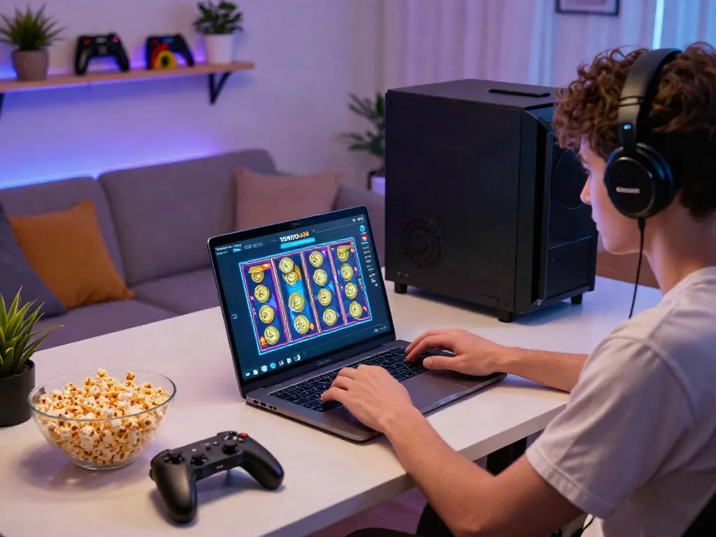 Engaged player enjoying slot88 on a laptop with vibrant gaming graphics