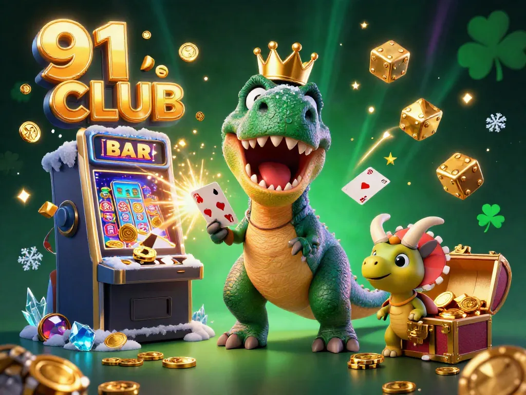 Experience the excitement of 91 CLUB with playful characters in a vibrant casino scene.