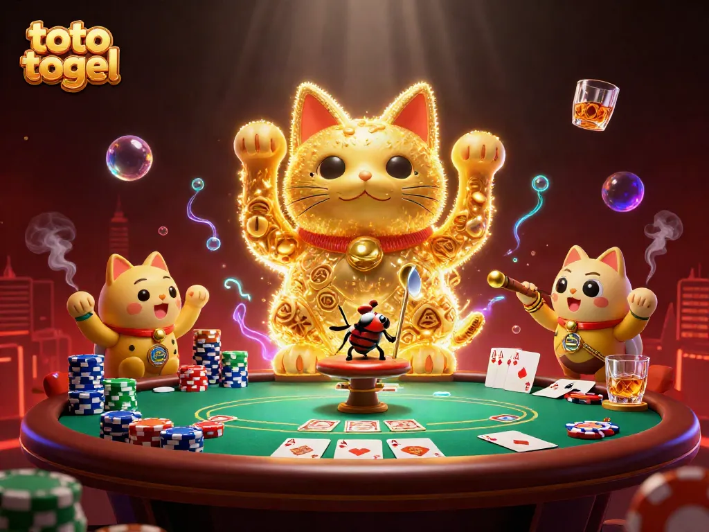 Engage with toto togel gameplay in this dynamic illustration featuring a lucky cat and vibrant casino elements.