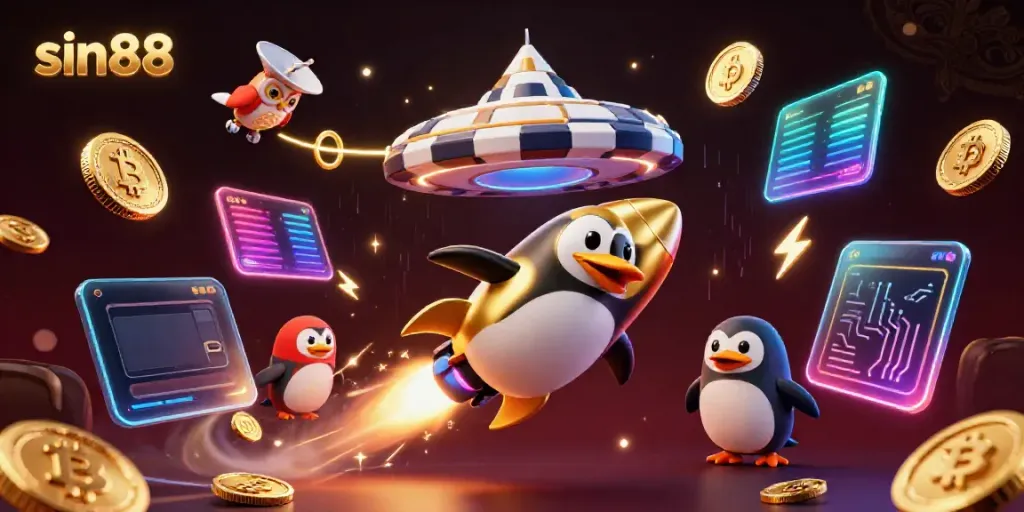 Experience the thrilling gameplay of sin88 with a dynamic casino illustration featuring a golden penguin and vibrant elements.