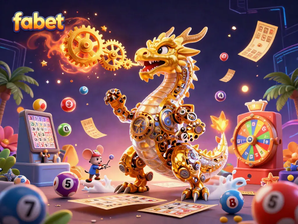 FABET showcases an exciting casino scene with a golden dragon amidst colorful lottery elements.