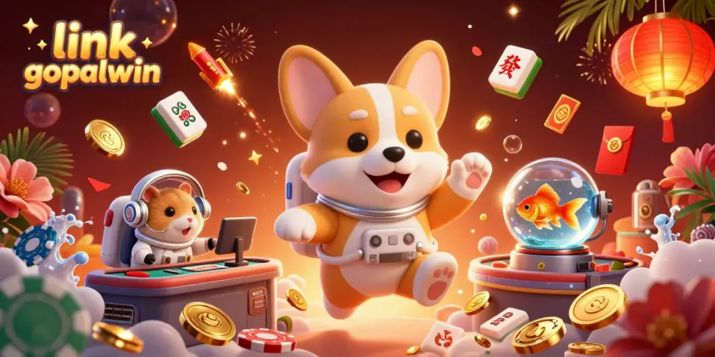 Experience excitement with link gopalwin in this animated casino scene featuring a corgi and hamster.