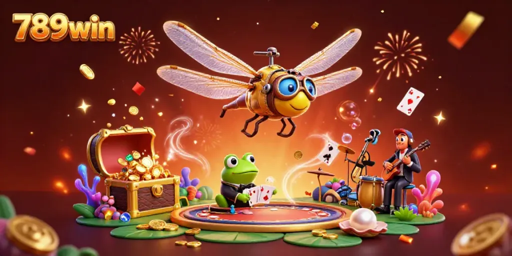 Experience thrilling gameplay with 789win as the vibrant scene features a dragonfly pilot, frog croupier, and jazz musicians.