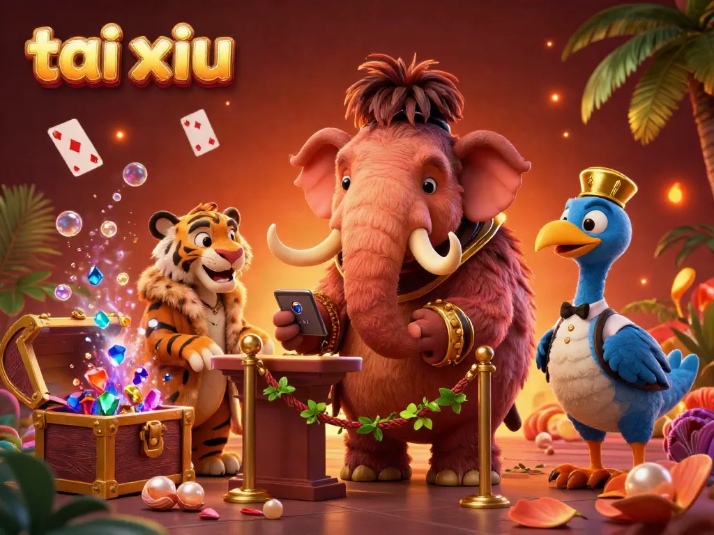 Experience the thrill of tai xiu with a cartoon scene featuring a mammoth bouncer and VIP guests in a vibrant casino.