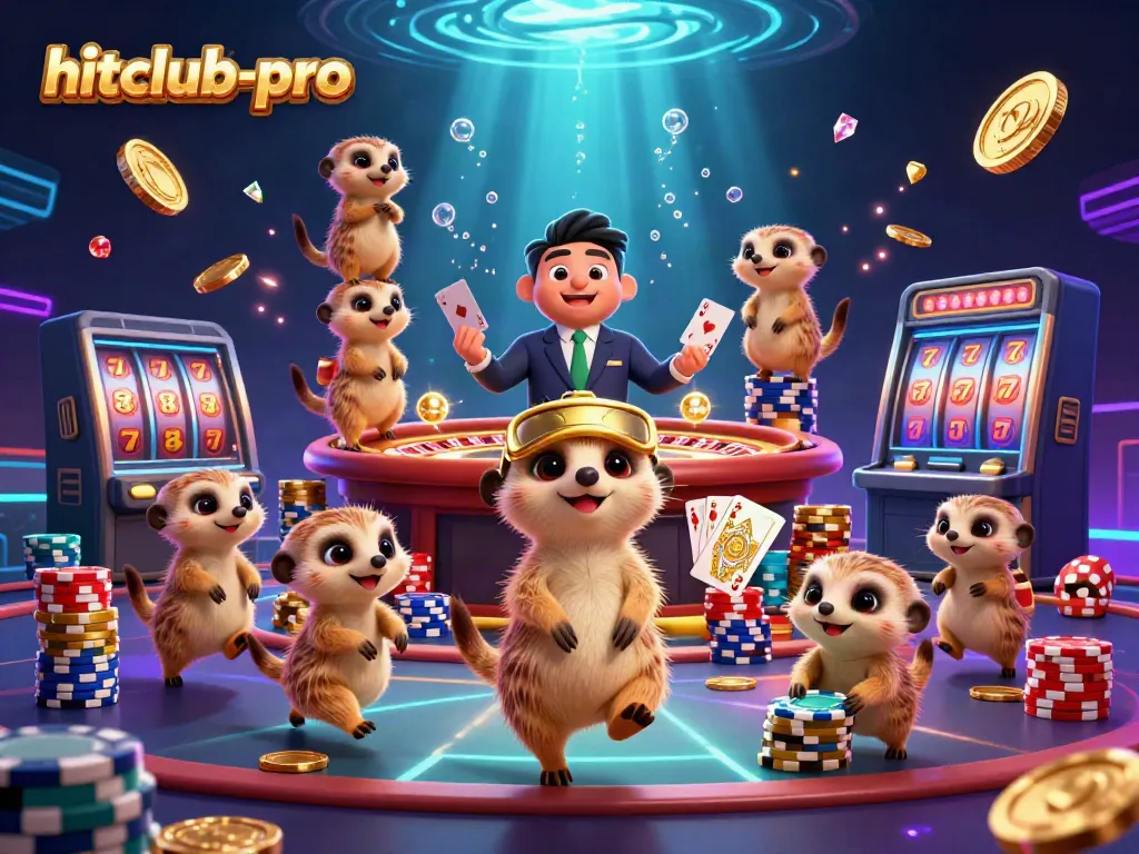 Engage and win with hitclub-pro in a vibrant casino scene featuring cheerful meerkats and exciting game elements.