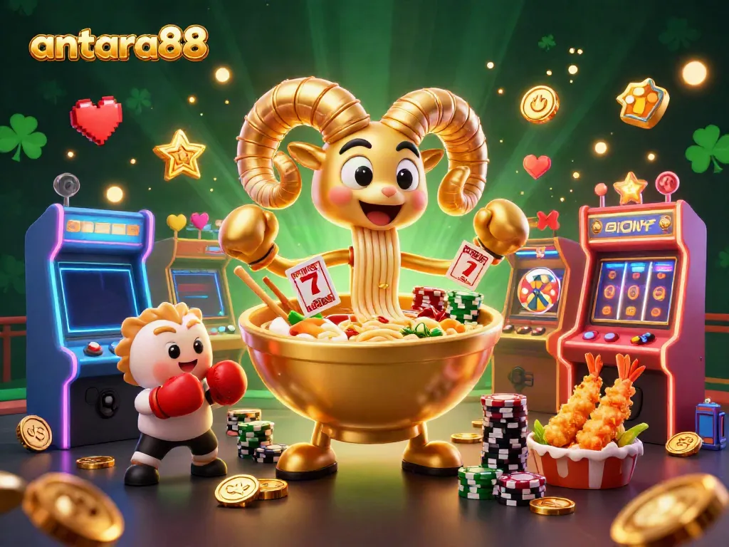 Win big with antara88 in a vibrant casino scene featuring unique characters, slot elements, and dynamic visuals.