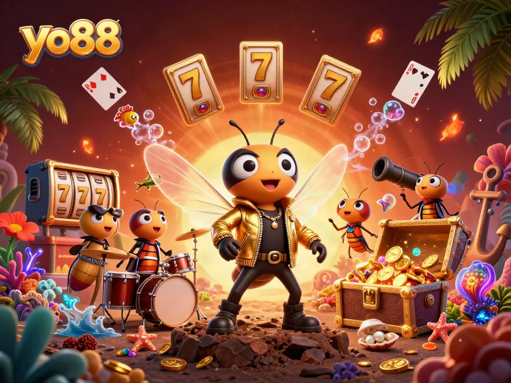 Experience the thrill of yo88 with vibrant characters and casino elements in a mesmerizing 3D scene.