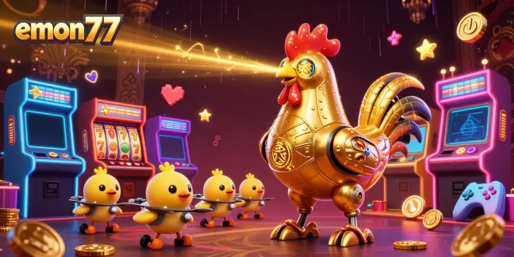 Experience high-energy gameplay with emon77, featuring vibrant slot reels and a golden rooster robot.