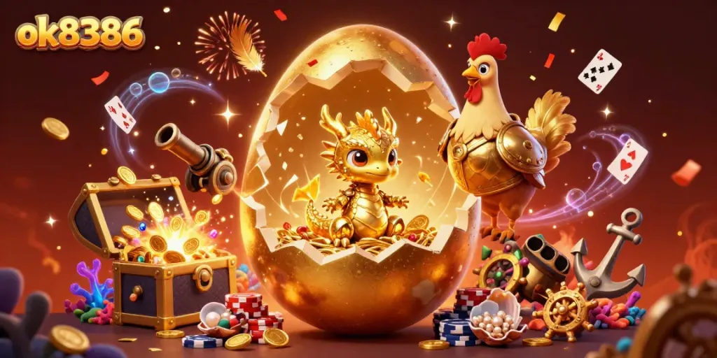 Experience thrilling wins with ok8386, featuring a golden dragon and poker chips in a vibrant casino scene.