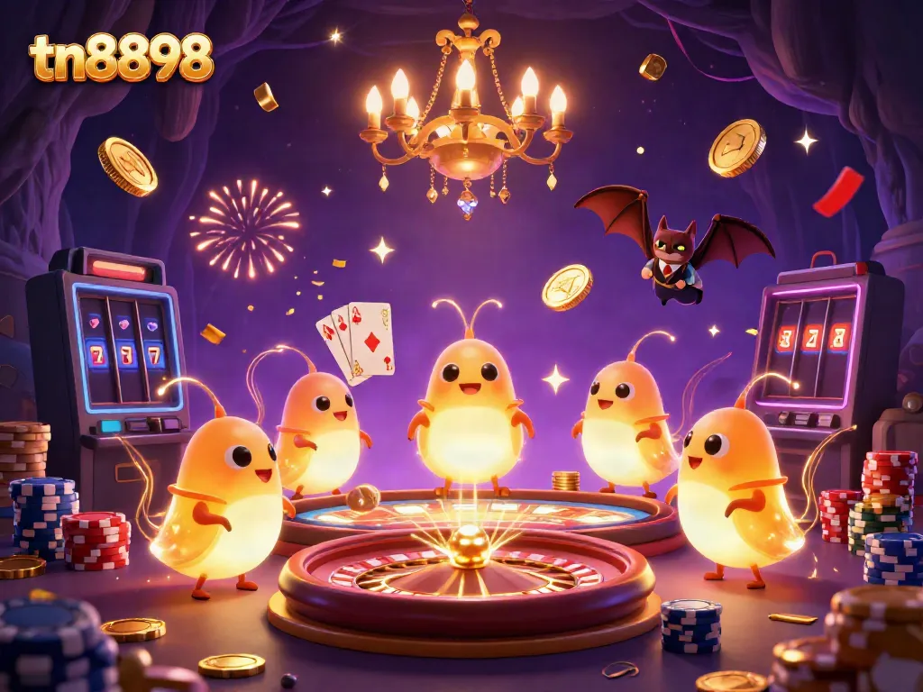 Join the tn8898 casino adventure as glowworms illuminate a magical gaming cave with vibrant elements.