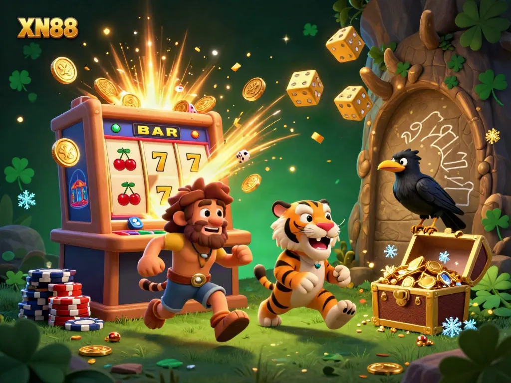 Experience the excitement of XN88 with a vibrant prehistoric casino scene featuring engaging characters.