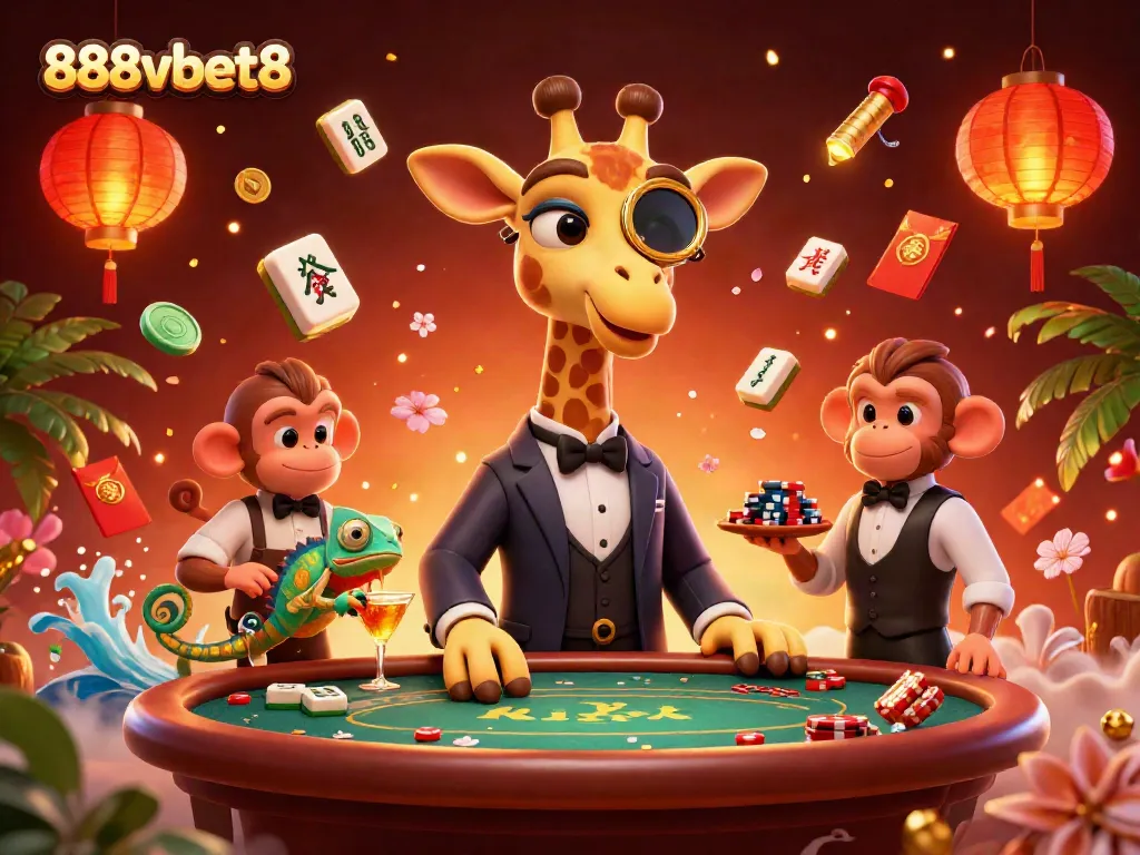 Experience excitement at 888vbet8 with a vibrant casino scene featuring animated characters and game elements.