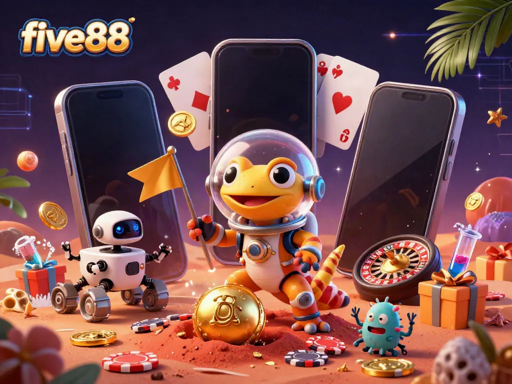 Experience the excitement of five88 with a Martian gecko discovering a golden casino on Mars.